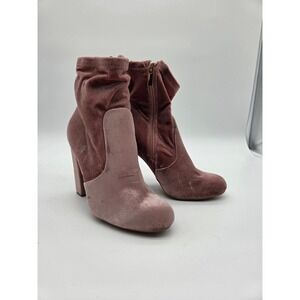 Velvet Block Heel Ankle Booties Mauve Dusty Rose Slouchy Round Toe Side Zip Boot